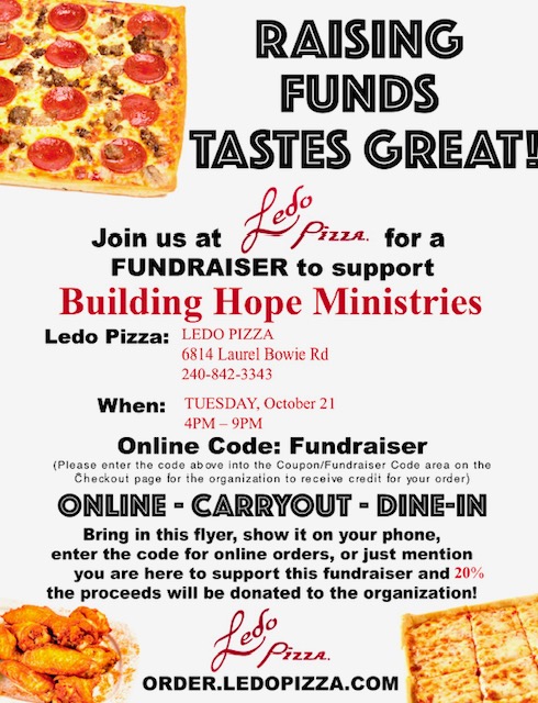 Building Hope Ministries pizza fundraiser Oct 21 4-9 pm